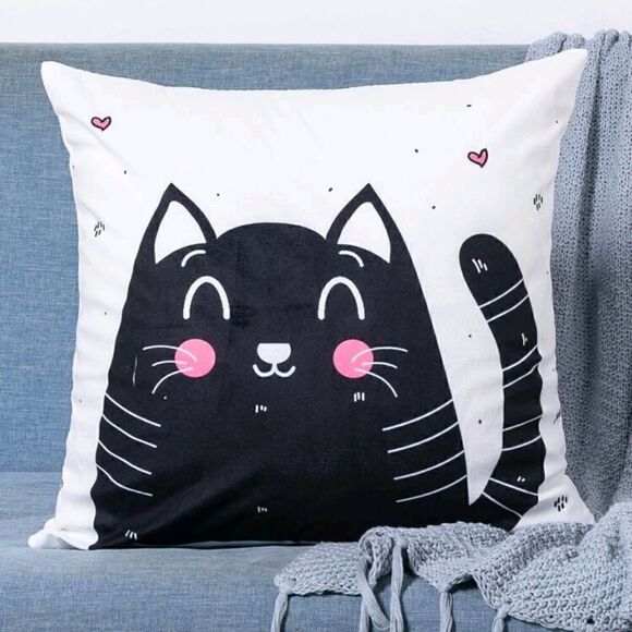 Black Kitty Cartoon Cat Design Pattern Zippered Accent Pillowcase - Picture 2 of 5